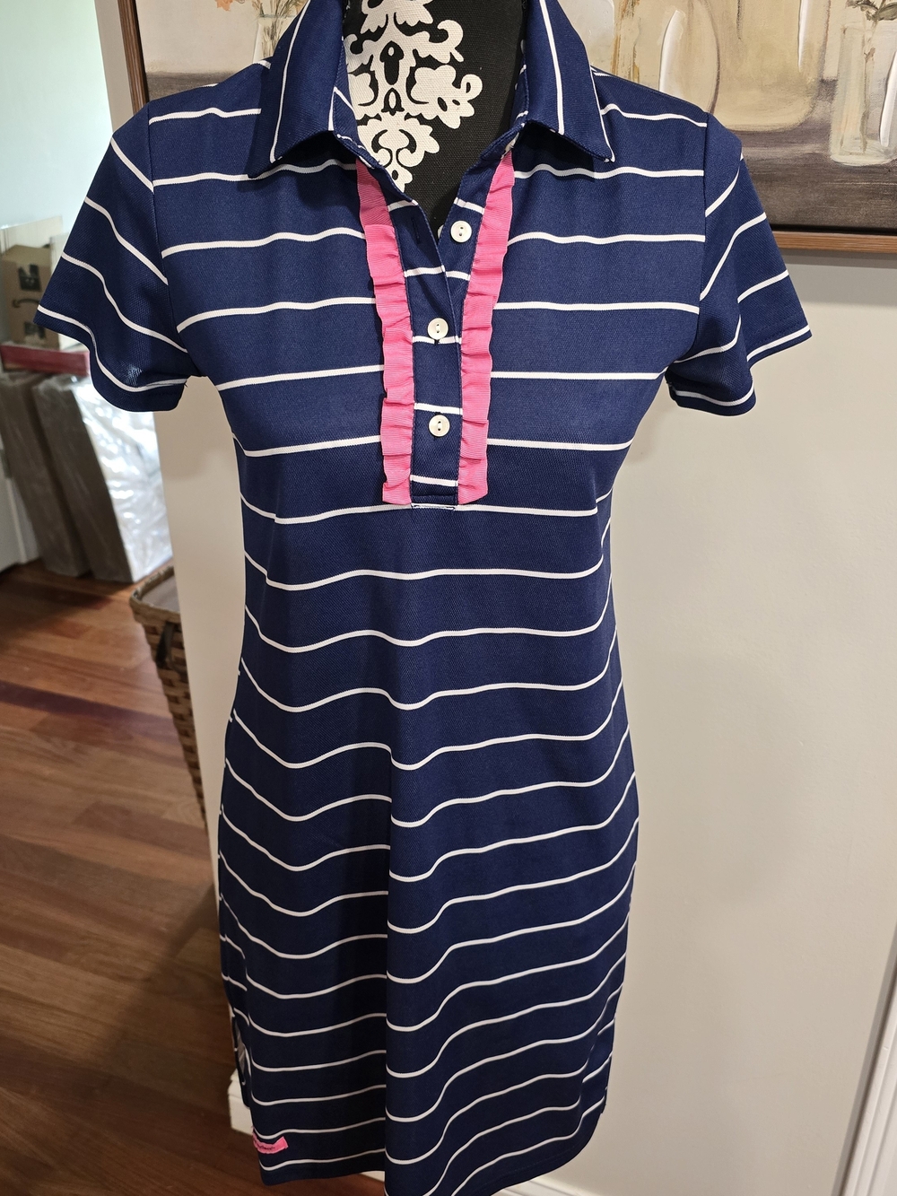 Simply Southern Navy and White Striped Polo Midi Dress with Pink Ruffle